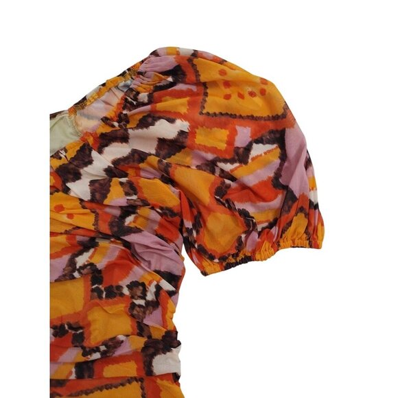 Colorful printed peplum top with puff sleeves, size M, DR2, polyester blend. - Picture 6 of 8
